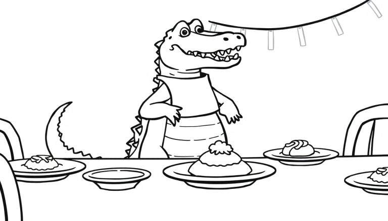 Een zwart-wit lijntekening van een lachende krokodil met een slab om, zittend achter een tafel vol met gebakjes en hapjes, met slingers boven.