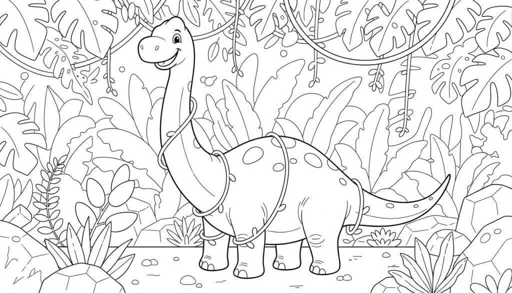 Kleurplaat van een glimlachende langnekdinosaurus omringd door tropische planten en lianen.