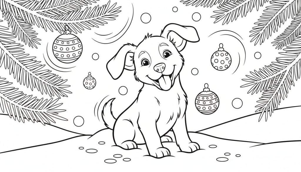 Een zwart-wit tekening van een lachende puppy met tong uit de mond, zittend in de sneeuw, met dennentakken en kerstballen boven hem.