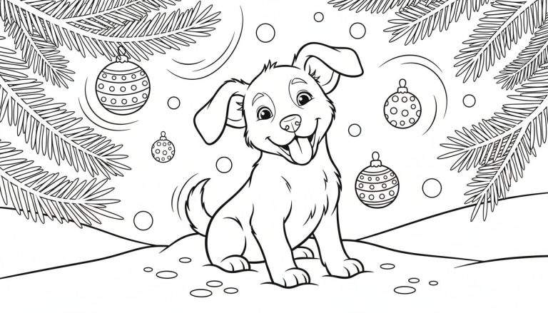 Een zwart-wit tekening van een lachende puppy met tong uit de mond, zittend in de sneeuw, met dennentakken en kerstballen boven hem.