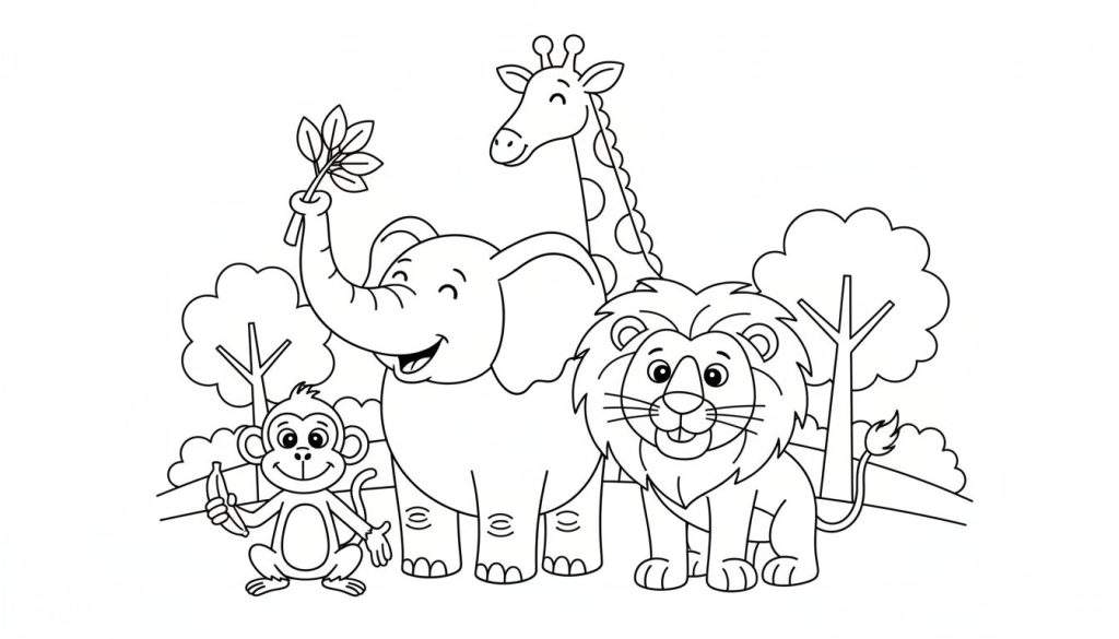 Kleurplaat met een lachende aap die een banaan vasthoudt, een blije olifant die een tak omhoog houdt, een giraffe met stippen en een vriendelijke leeuw. De dieren staan in een savanne met bomen en heuvels op de achtergrond.