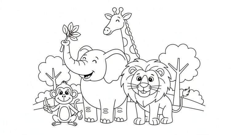 Kleurplaat met een lachende aap die een banaan vasthoudt, een blije olifant die een tak omhoog houdt, een giraffe met stippen en een vriendelijke leeuw. De dieren staan in een savanne met bomen en heuvels op de achtergrond.