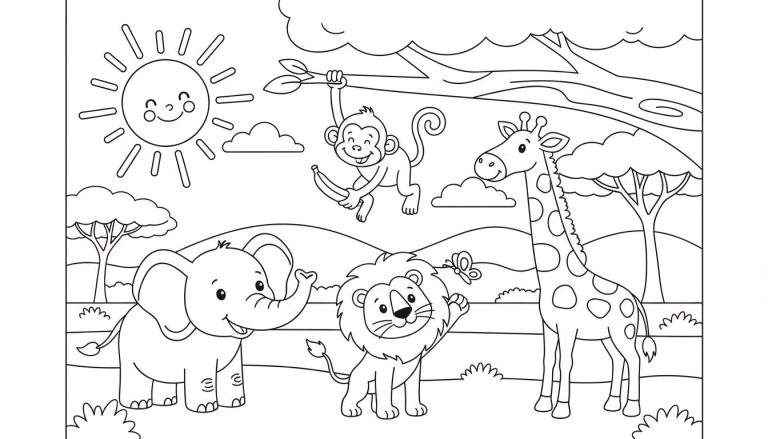 Kleurplaat van een safari met een lachende zon, aap, giraffe, olifant en leeuw in een savannelandschap.