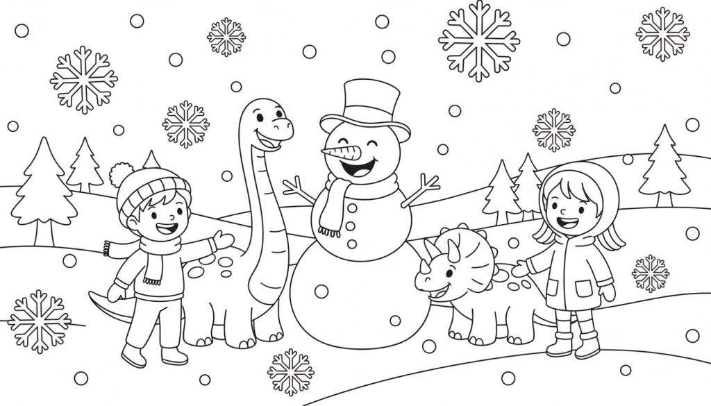 Kleurplaat met twee lachende kinderen in winterkleding, een langnek dinosaurus, een triceratops, een sneeuwpop, sneeuwvlokken en dennenbomen.