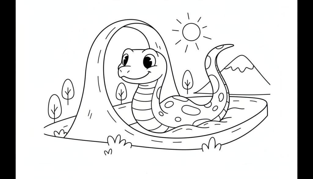 Kleurplaat van een glimlachend zeedraak-achtig wezen in het water, met een landschap van bomen, gras en een berg op de achtergrond.