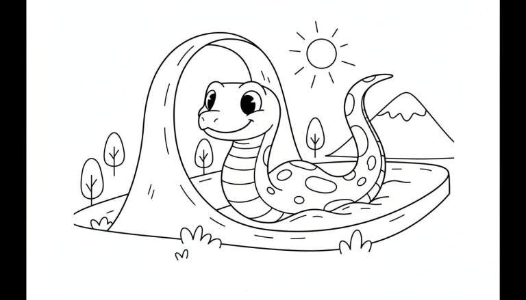 Kleurplaat van een glimlachend zeedraak-achtig wezen in het water, met een landschap van bomen, gras en een berg op de achtergrond.