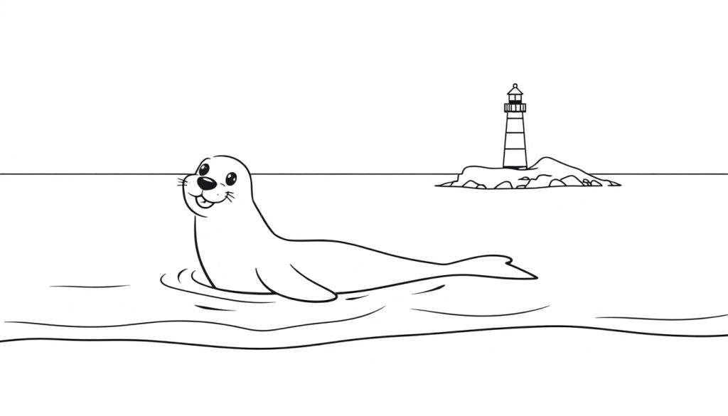 Zwart-wit kleurplaat van een lachende zeehond met snorharen die in het water zwemt. Golven zijn zichtbaar. Op de achtergrond een vuurtoren op een rotsachtig eiland.