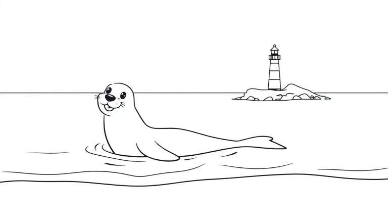 Zwart-wit kleurplaat van een lachende zeehond met snorharen die in het water zwemt. Golven zijn zichtbaar. Op de achtergrond een vuurtoren op een rotsachtig eiland.