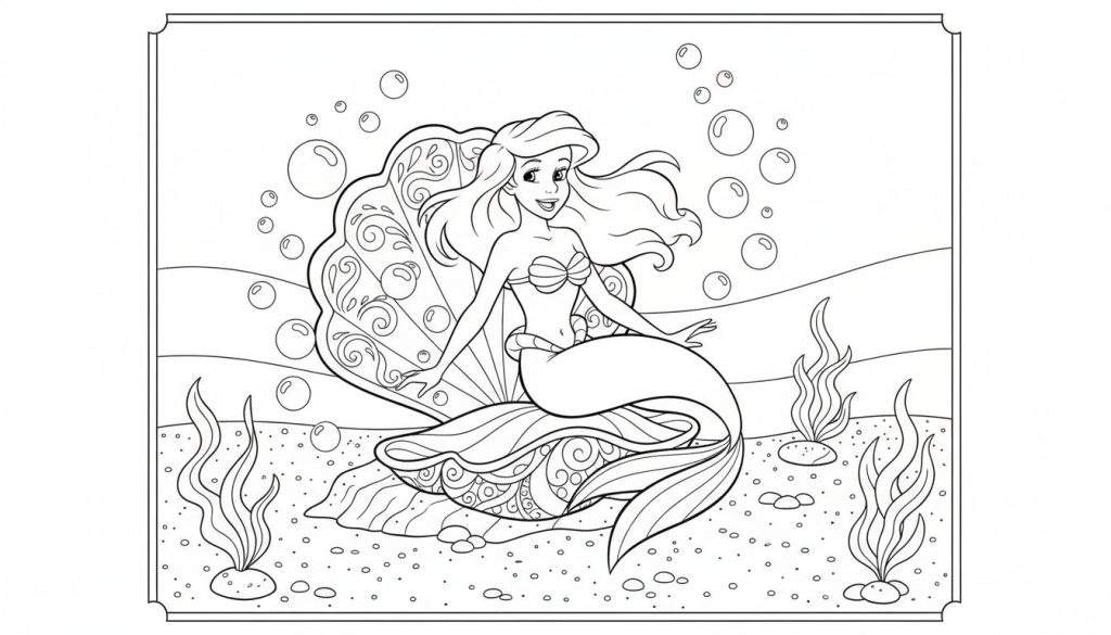 Zwart-wit lijntekening van een glimlachende zeemeermin met golvend haar en een schelpenbeha, zittend in een grote, sierlijke schelp. Luchtbellen, zeewier en steentjes op de zeebodem, omkaderd door een decoratieve rand.