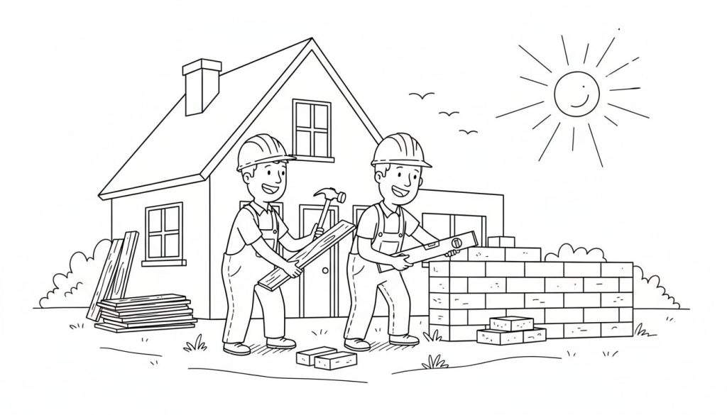 Kleurplaat van twee lachende bouwvakkers die een huis bouwen, met een zon en vogels in de lucht.
