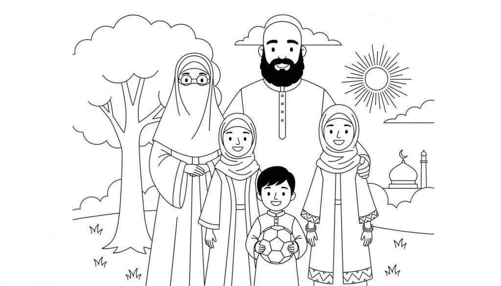Zwart-witte kleurplaat van een lachende moslimfamilie van vijf, met vader, moeder met niqab, twee dochters en een zoon met voetbal, tegen een achtergrond van een boom, zon, wolken en een moskee.