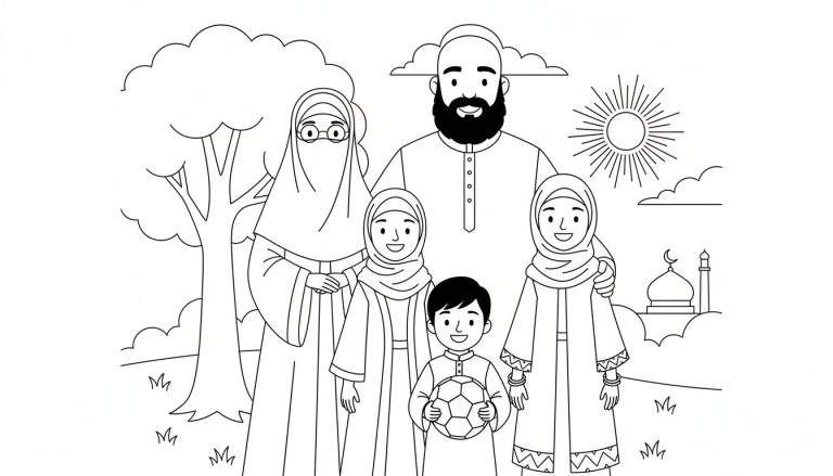 Zwart-witte kleurplaat van een lachende moslimfamilie van vijf, met vader, moeder met niqab, twee dochters en een zoon met voetbal, tegen een achtergrond van een boom, zon, wolken en een moskee.