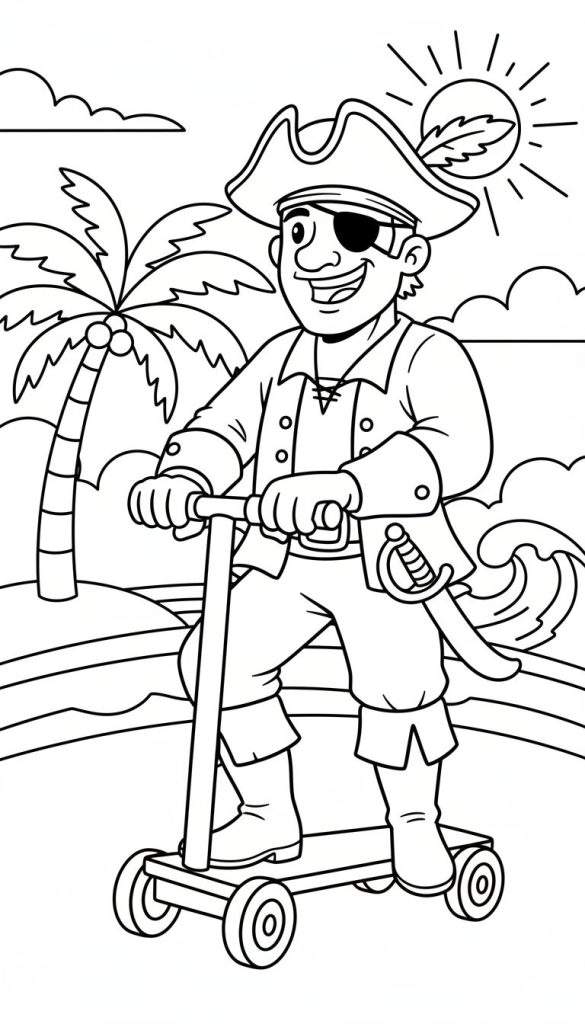 Een zwart-wit tekening van een lachende piraat met een ooglapje en driekantige hoed, staand op een vierwielige step, met een palmboom en zon op de achtergrond.