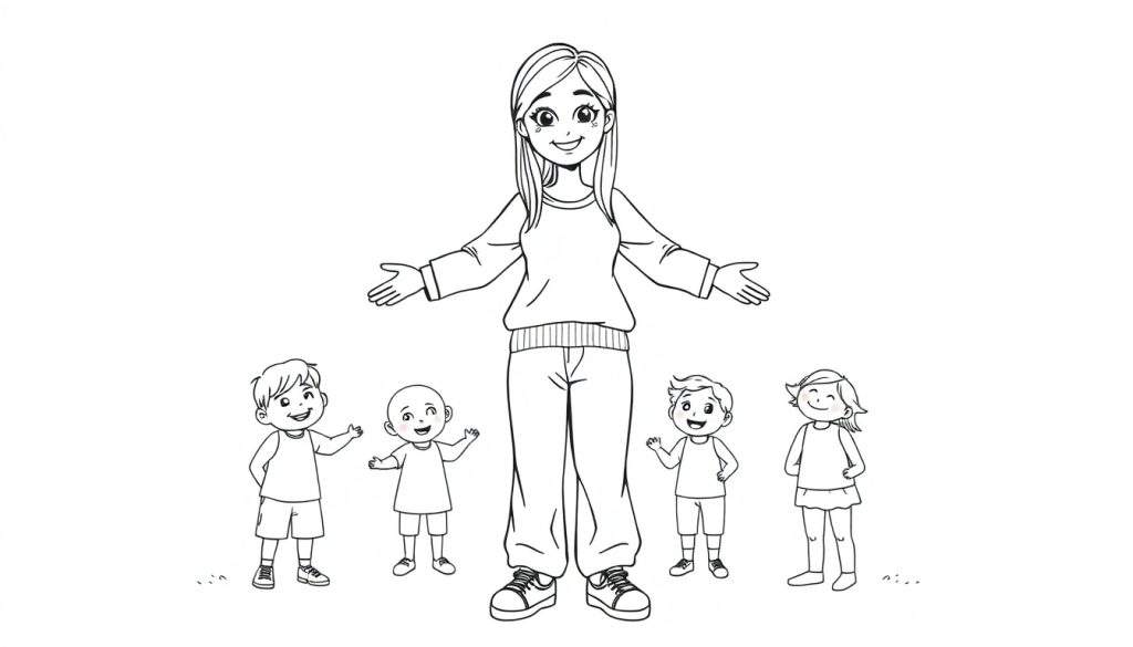 Zwart-wit tekening van een lachende vrouw met uitgestrekte armen, omringd door vier lachende kinderen van verschillende leeftijden.