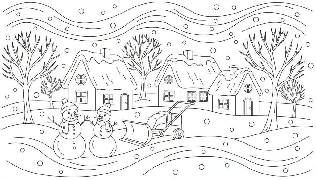 Kleurplaat van een gezellig winterlandschap met vallende sneeuw, drie huizen, kale bomen, twee sneeuwpoppen en een sneeuwruimer op besneeuwde heuvels.