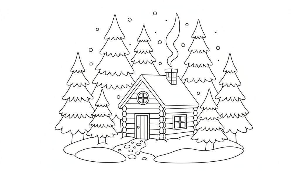Kleurplaat van een winterlandschap met een blokhut, dennenbomen en vallende sneeuwvlokken.