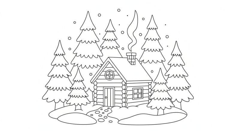 Kleurplaat van een winterlandschap met een blokhut, dennenbomen en vallende sneeuwvlokken.