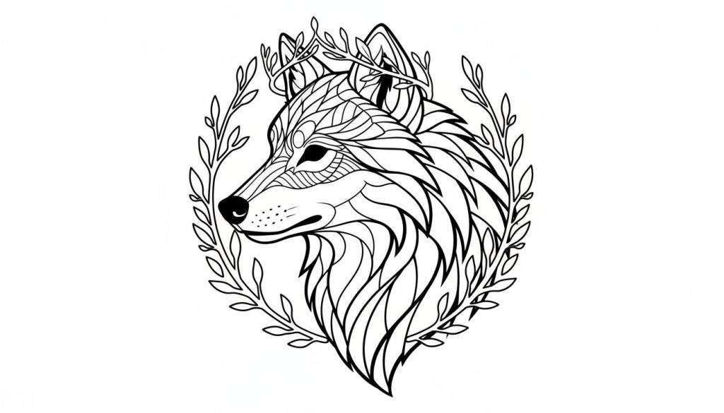 Zwart-witte lijntekening van een gestileerde wolvenkop in profiel, met gedetailleerde geometrische patronen in de vacht en een krans van bladeren eromheen.
