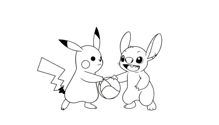 Zwart-wit kleurplaat van Pikachu en Stitch die samen een Pokébal vasthouden, met Stitch die vrolijk lacht.