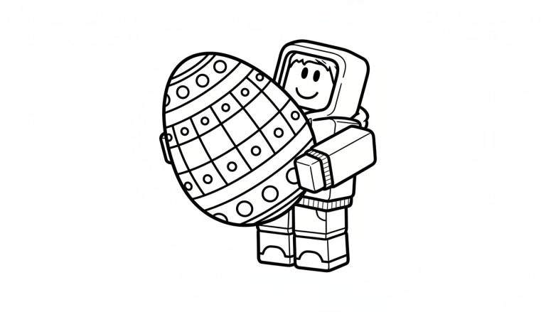 Kleurplaat van een Roblox avatar met een glimlach die een groot, versierd paasei vasthoudt.