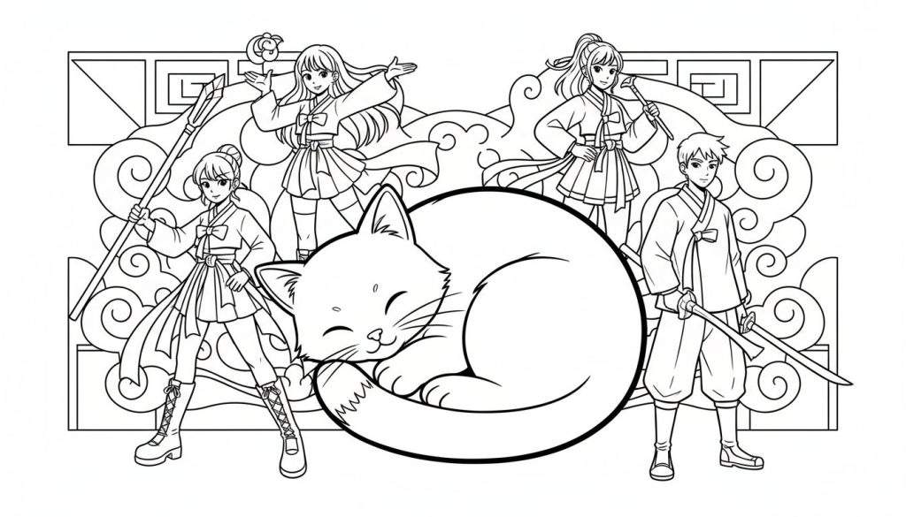 Zwart-wit anime kleurplaat van een grote, slapende kat omringd door vier jonge figuren in Hanbok-achtige kleding: een meisje met een speer, een dansend meisje met een belletje, een meisje met een fluit, en een jongen met twee zwaarden. Sierlijke wolken op de achtergrond.