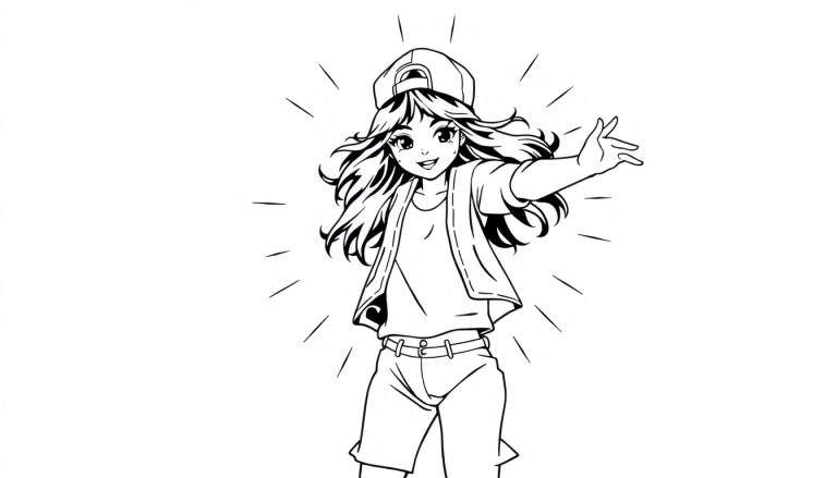 Zwart-wit lijntekening van een anime meisje dat vrolijk lacht, een baseballpet achterstevoren draagt en haar rechterarm uitstrekt. Stralende lijnen omringen haar figuur, wat energie suggereert. De achtergrond is effen wit.