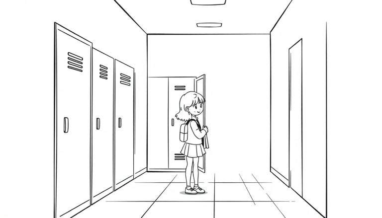 Zwart-wit lijntekening van een schoolgang met aan de linkerkant kluisjes en aan de rechterkant een muur met een opening. In het midden staat een anime-meisje met kort haar, een schooluniform en een rugzak, lachend bij een open kluisje. De vloer is betegeld.