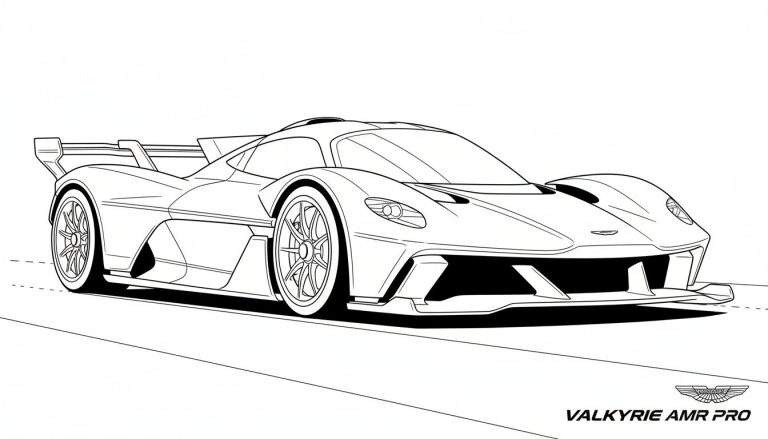 Gedetailleerde lijntekening van de Aston Martin Valkyrie AMR Pro, een futuristische hypercar, in driekwart vooraanzicht op een witte achtergrond. Tekst 'VALKYRIE AMR PRO' en Aston Martin logo zichtbaar.