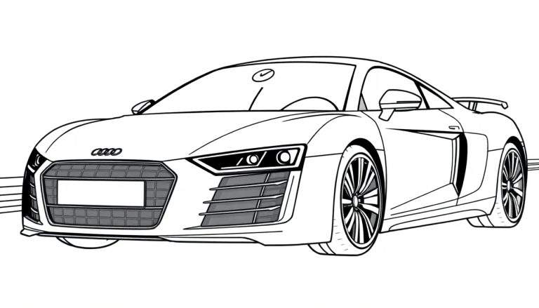 Zwart-wit lijntekening van een Audi R8 sportwagen, klaar om in te kleuren, afgebeeld vanuit een driekwart vooraanzicht.