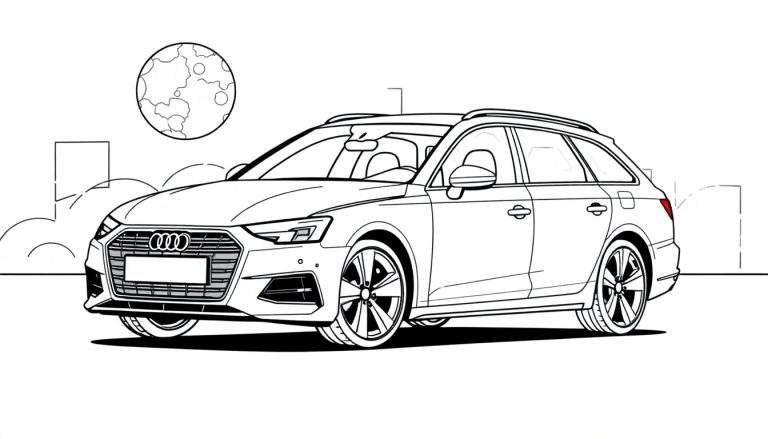 Zwart-wit lijntekening van een Audi stationwagon met dakrails, geparkeerd onder een grote ronde maan met zichtbare kraters. Schematische stadsskyline op de achtergrond.