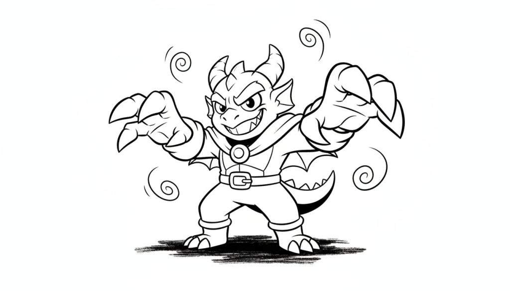 Zwart-witte lijntekening van een ondeugende, cartoonachtige draak met hoorns, een cape, vleermuisvleugels en een gemene glimlach, omringd door decoratieve spiralen.