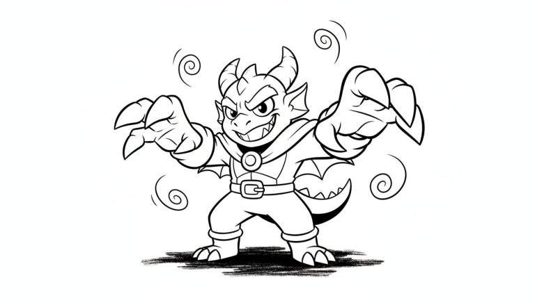 Zwart-witte lijntekening van een ondeugende, cartoonachtige draak met hoorns, een cape, vleermuisvleugels en een gemene glimlach, omringd door decoratieve spiralen.