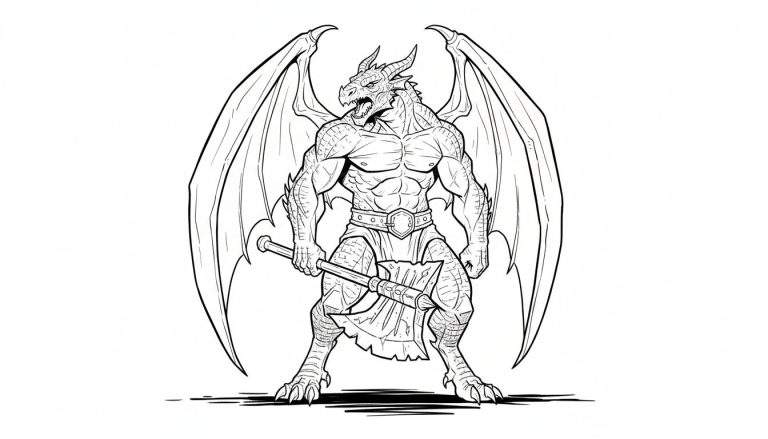 Zwart-wit lijntekening van een gespierde drakenmens met hoorns, een geopend bek met tanden, grote vleermuisvleugels, een versierde riem, een kort rokje en een breedbladige strijdbijl. De achtergrond is leeg.