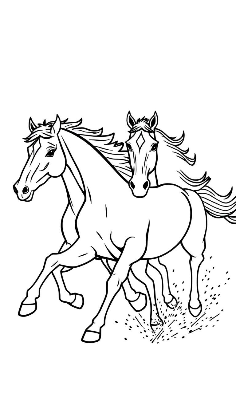 Zwart-wit lijntekening van twee galopperende paarden, de ene iets voor de andere, met wapperende manen en staarten en spetters onder hun hoeven. Het rechterpaard kijkt naar de kijker en heeft een bles.