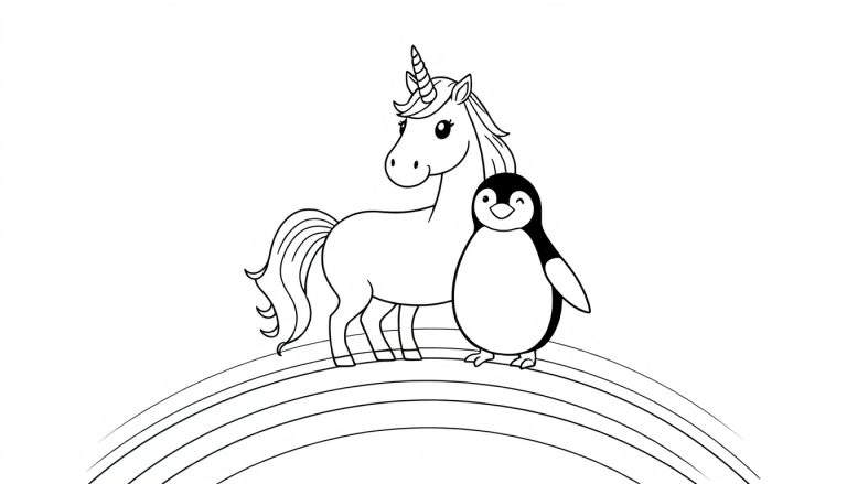 Een eenhoorn en een pinguïn staan samen op een regenboog, getekend als een zwart-wit lijntekening.