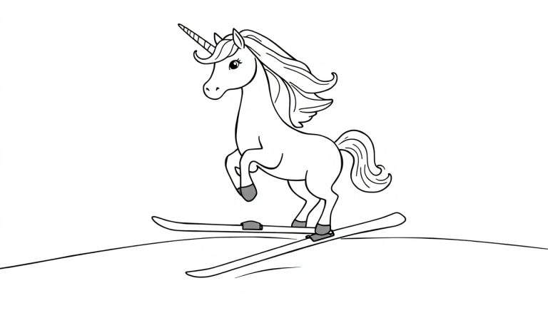 Een zwart-wit tekening van een eenhoorn die op zijn achterpoten skiet met zijn voorpoten in de lucht, klaar om gekleurd te worden.