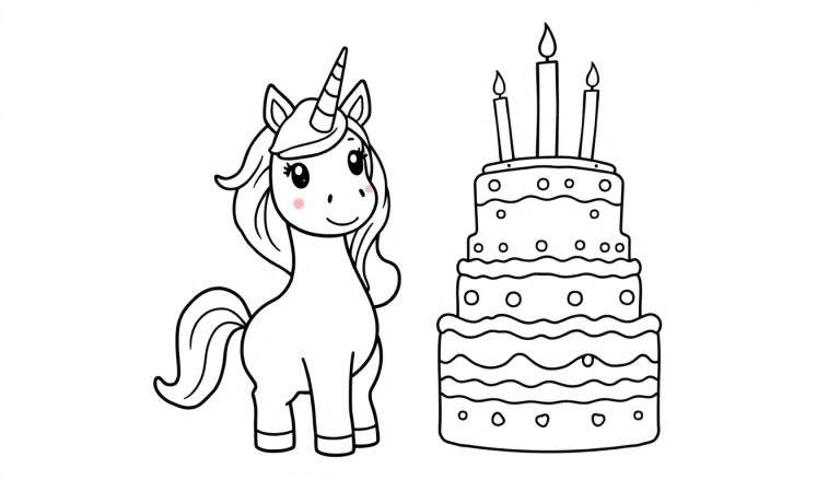 Kleurplaat van een schattige eenhoorn met roze blosjes naast een grote verjaardagstaart met brandende kaarsjes, getekend met dikke zwarte lijnen op een witte achtergrond.