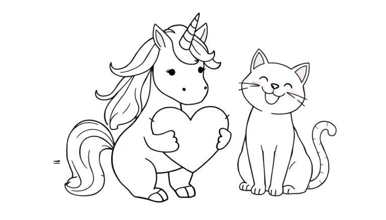 Zwart-wit tekening van een schattige eenhoorn met een hoorn die een leeg hart vasthoudt aan een lachende kat.