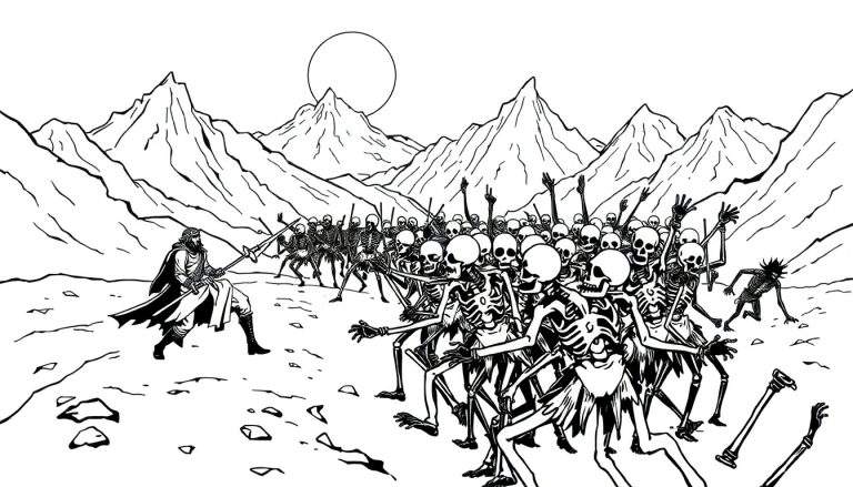 Zwart-wit tekening van een bebaarde krijger met speer die vecht tegen een horde skeletten in een berglandschap.