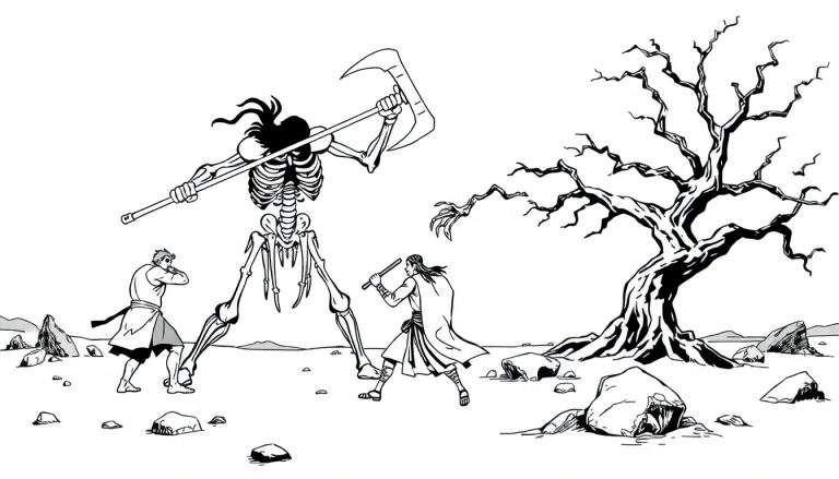 Zwart-wit lijntekening van een gevecht tussen een skeletmonster met zeis en twee menselijke krijgers in een rotsachtig, desolaat landschap met een kale boom.