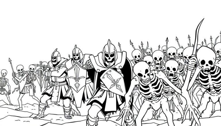 Zwart-witte kleurplaat van een horde skeletten die oprukken, aangevoerd door drie zwaar gepantserde fantasy-krijgers met helmen en schilden.