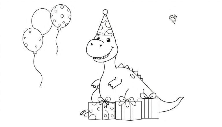 Een lachende dinosaurus met een puntmuts, stekels en stippen op zijn lichaam, staand naast drie cadeautjes en drie ballonnen. Rechtsboven een klein ruitvormig figuurtje met stipjes.