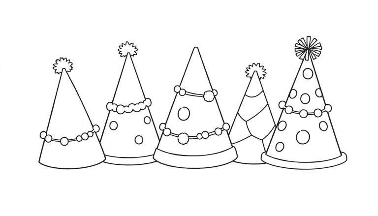 Zwart-wit lijntekening van vijf verschillende feesthoedjes, elk met unieke versieringen zoals stippen, slingers, wolkjesranden en een pompon of ster.