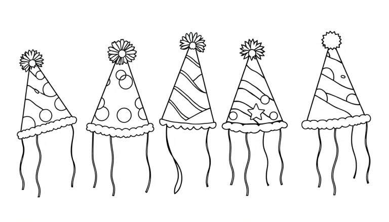 Vijf getekende feesthoedjes in lijntekening stijl, klaar om ingekleurd te worden, met diverse patronen en versieringen.