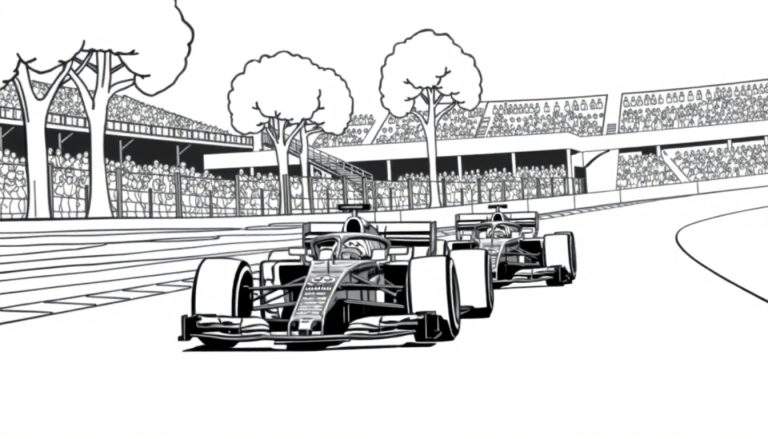 Zwart-wit lijntekening van een Formule 1 race met auto's in een bocht, tribunes vol toeschouwers en bomen.