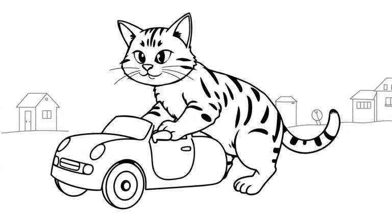 Kleurplaat: een vrolijke gestreepte kat met snorharen zit achter het stuur van een cabriolet auto. Op de achtergrond staan kleine huizen.