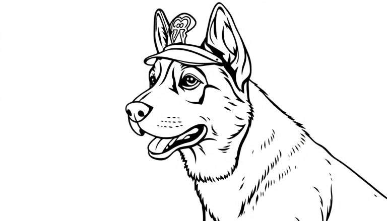 Zwart-wit lijntekening van een blije hond met spitse oren en een pet, klaar om ingekleurd te worden.