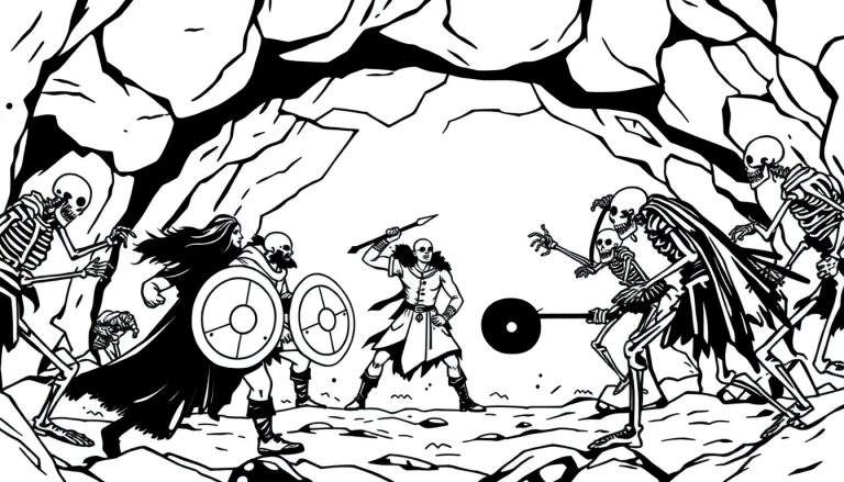 Zwart-wit illustratie van een gevecht in een grot: bebaarde krijgers met schilden en een speer, tegenover een horde skeletten, waarvan één met een grote mace.