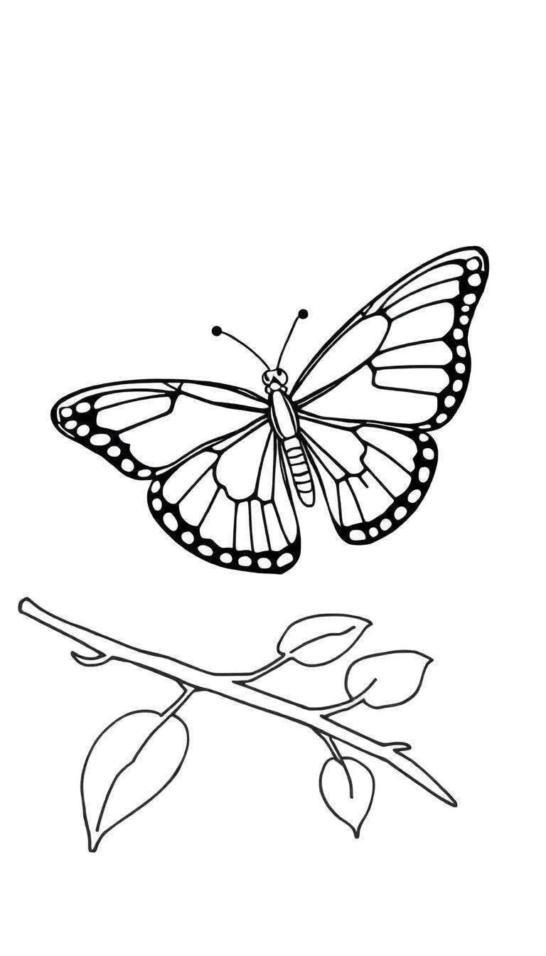Lijntekening van een grote vlinder met gedetailleerde vleugels, zittend op een tak met bladeren, klaar om ingekleurd te worden.