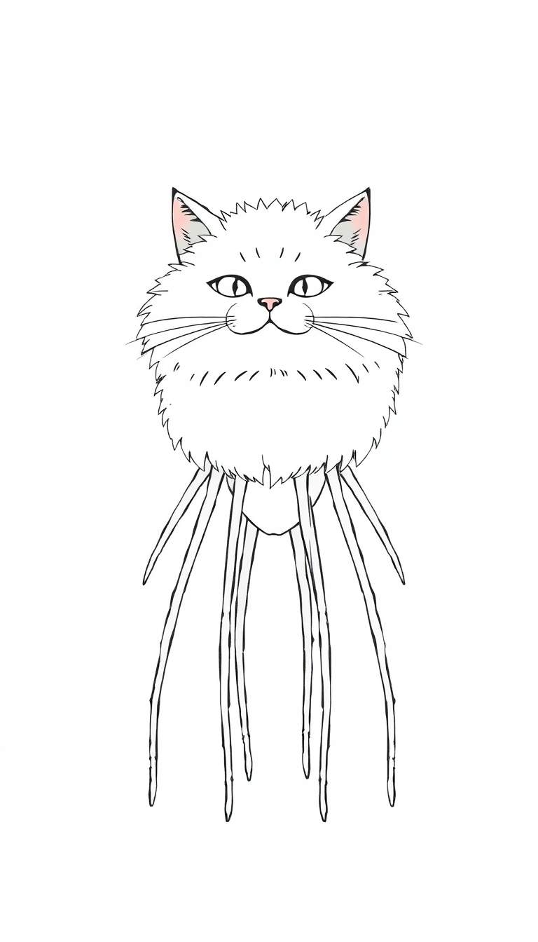 Cartoon kleurplaat van een wezen met een pluizige witte kattenkop en acht dunne zwarte poten.